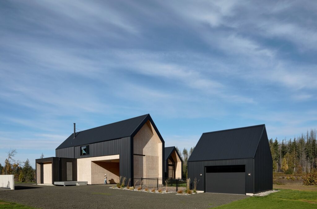 Contemporary residence featuring black metal siding, natural wood accents, and clean gabled rooflines.