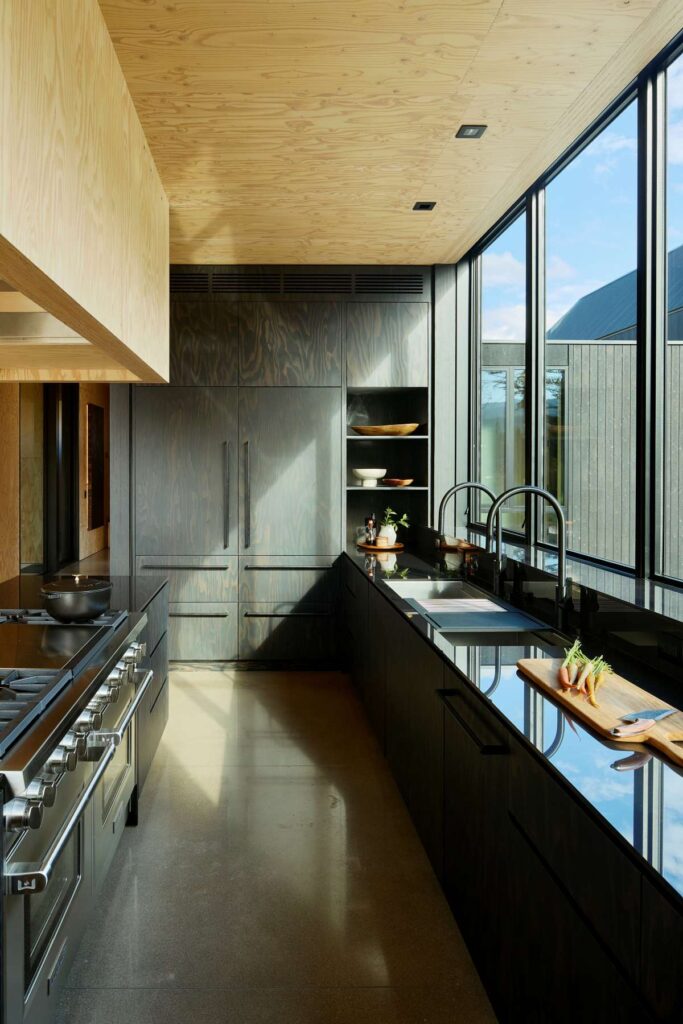 Sleek modern kitchen featuring dark cabinetry, a warm wood ceiling, and expansive windows for natural light.